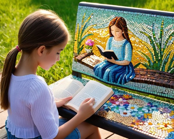 Young girl reading on a colorful mosaic bench