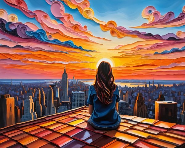 Young girl on rooftop watching vibrant city sunset