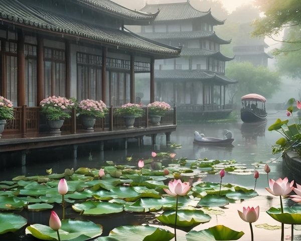 Traditional Chinese Garden with Lotus Flowers and Mist