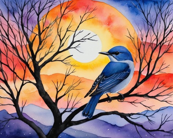 Watercolor Painting of Bluebird at Sunset with Mountains
