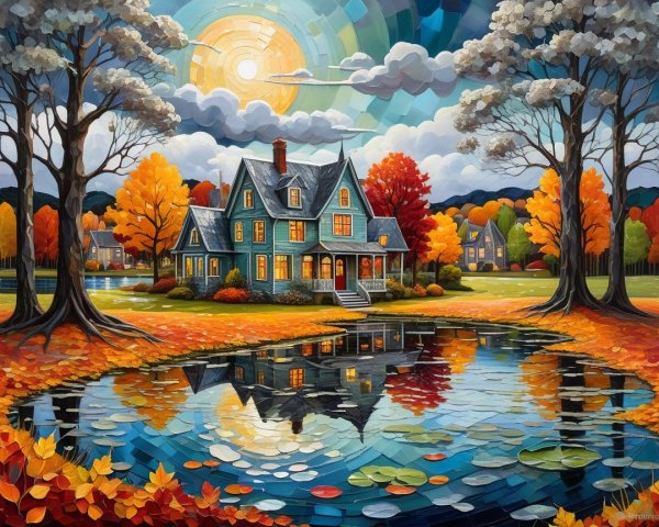Blue House by Serene Lake in Autumn Colors