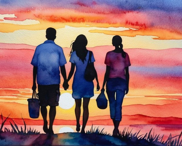Watercolor Painting of Figures Walking at Sunset