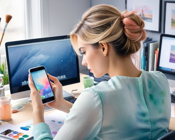 Young woman in a creative workspace with art supplies