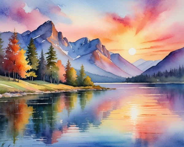 Watercolor Landscape of Sunset Over Tranquil Lake