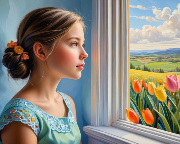 Young girl gazes out at vibrant tulip field scene