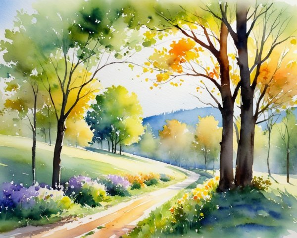 Serene Autumn Landscape with Winding Path and Wildflowers