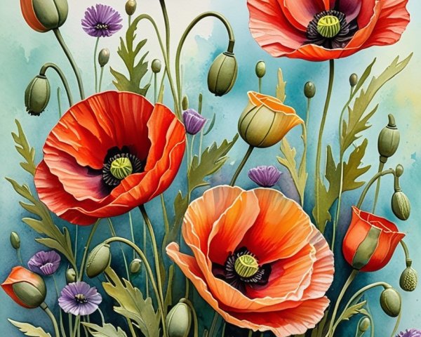 Vibrant Red Poppy Bouquet with Blue-Green Background