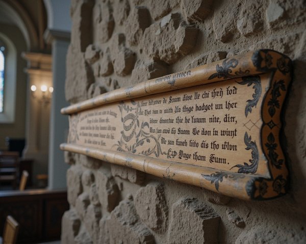 Ornate Wooden Plaque on Stone Wall in Church