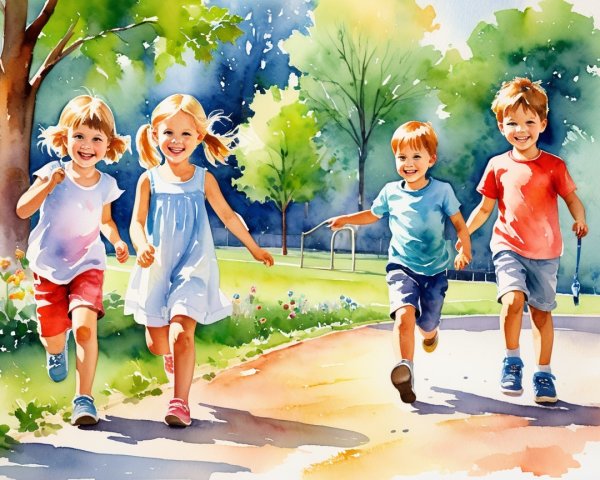 Joyful Children Running in a Sunlit Park Scene