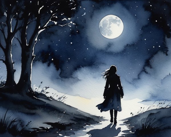 Solitary Figure on Winding Path Under Full Moon
