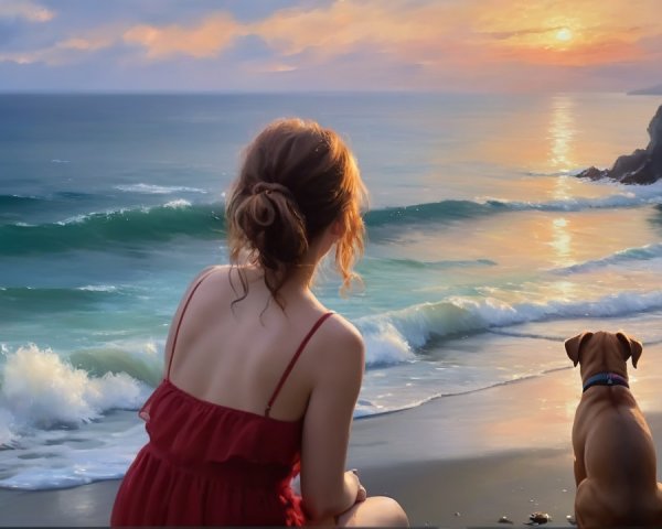 Young Woman in Red Dress at Sunset Beach Scene