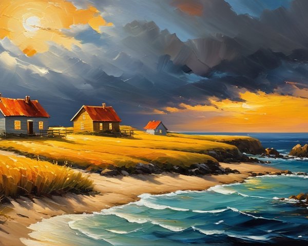 Coastal Landscape with Cottages and Sunset Hues