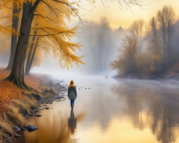Serene River Scene with Autumn Colors and Fog