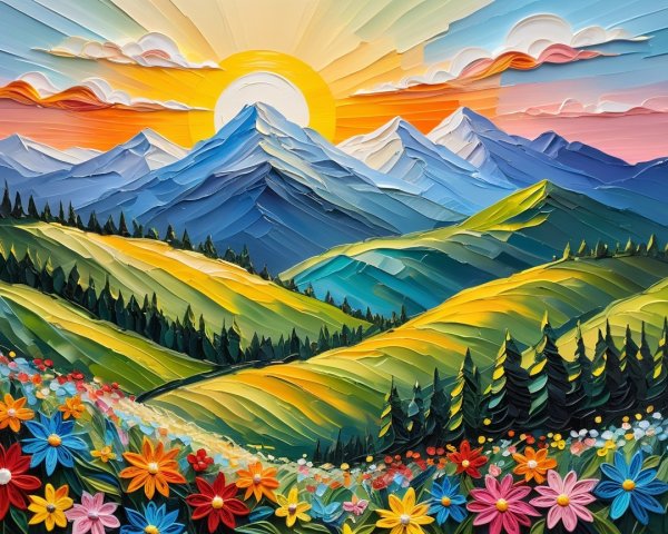 Vibrant Sunrise Landscape with Textured Mountains and Flowers