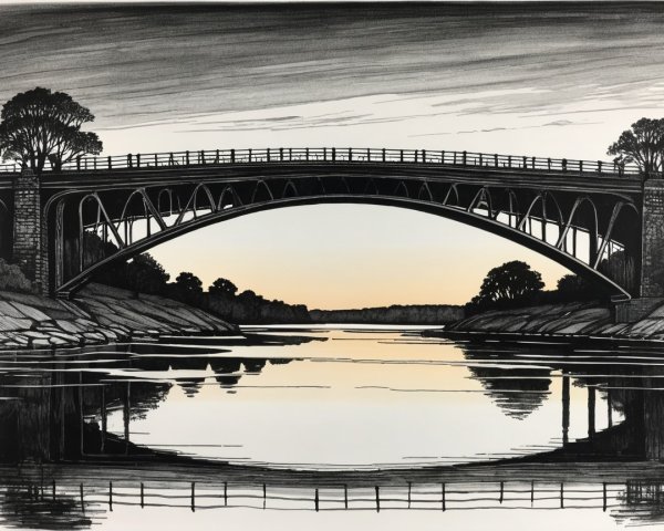 Black-and-white illustration of a bridge over a river