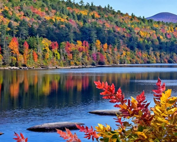 Autumn Lake Surrounded by Colorful Foliage and Hills