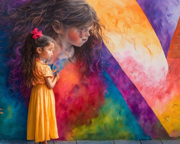 Young girls observing a colorful mural scene