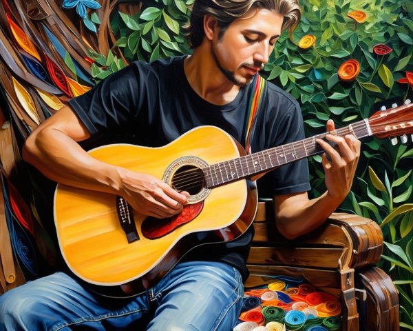 Young Man Playing Acoustic Guitar in Vibrant Nature