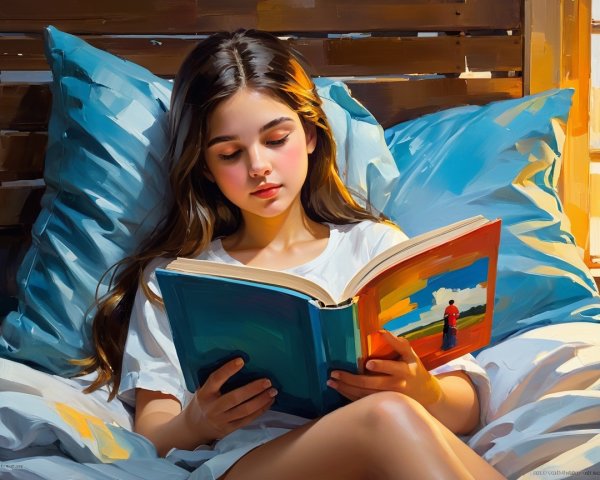 Young girl reading a colorful book in soft morning light