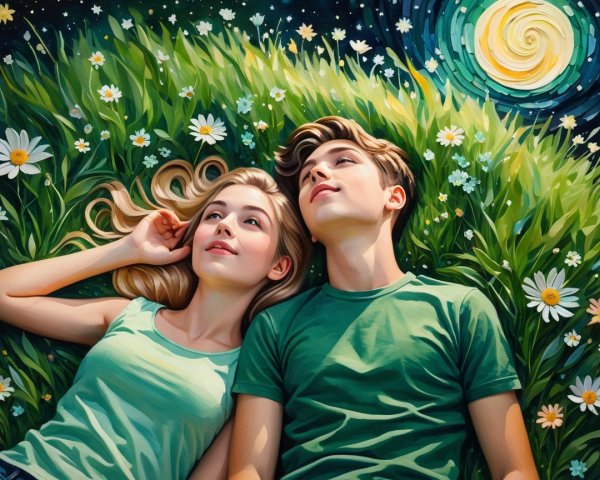 Young Couple in Wildflowers Under Starry Sky