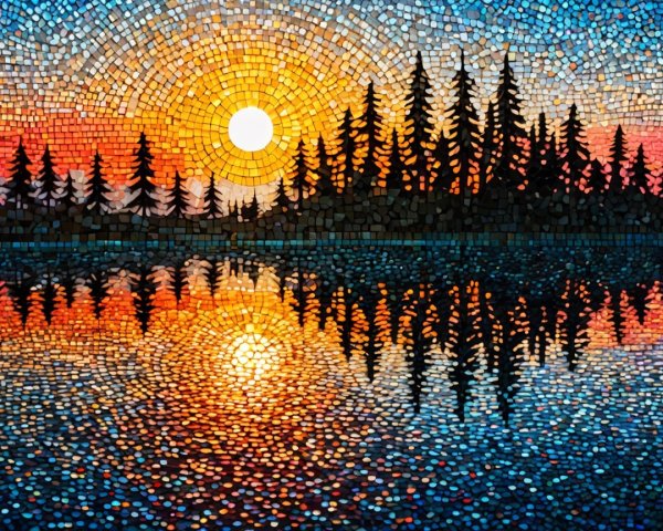 Vibrant Mosaic of Sunset Over Tranquil Lake