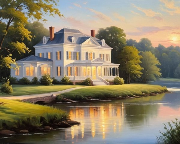 Southern Mansion by Tranquil River at Sunset
