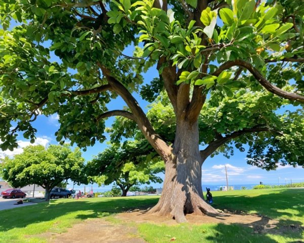 Large Tree Overlooking Water and Blue Sky Scene