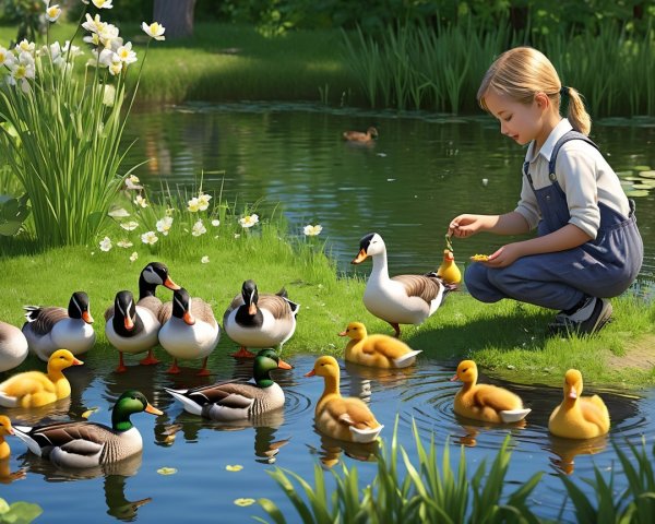 Young girl feeding ducks by a serene pond scene