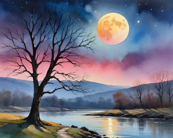 Serene Landscape with Tree and River at Twilight