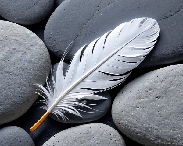 White Feather on Dark Gray Stones Composition