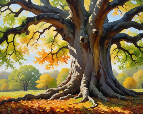 Majestic tree with autumn leaves in serene landscape