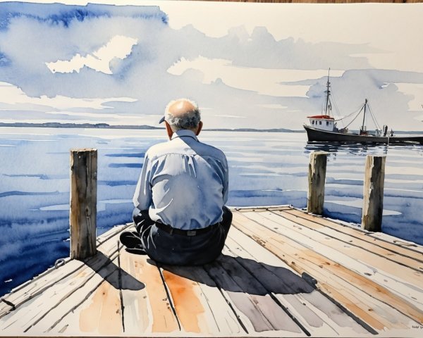 Elderly Man on Dock Overlooking Serene Water Scene