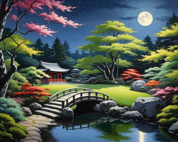 Japanese Garden at Night with Full Moon and Cherry Blossoms
