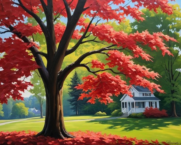 Serene autumn landscape with red-leaved tree and house