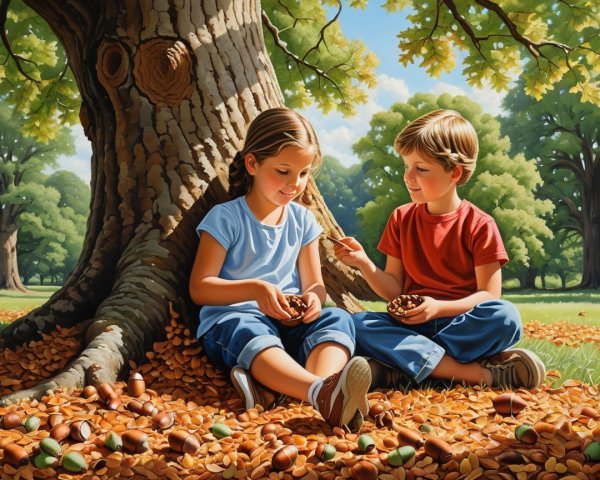 Children Sharing Acorns Under a Giant Tree