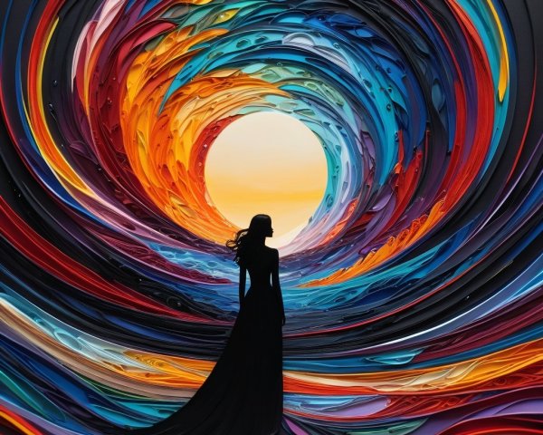 Silhouette at Vibrant Colorful Tunnel with Sun Center