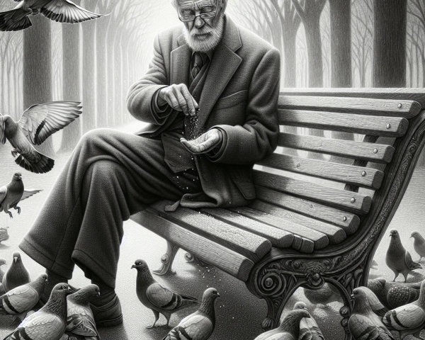 Elderly Man Feeding Pigeons in Misty Park Scene