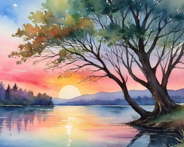 Watercolor Landscape of a Sunset Over a Tranquil Lake