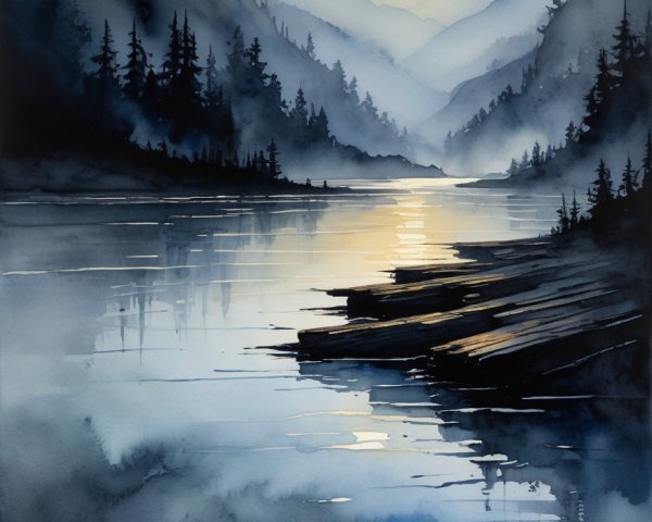 Serene River Landscape with Misty Mountains and Pines