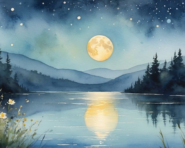 Watercolor Landscape with Full Moon and Tranquil Lake