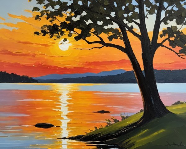 Vibrant sunset over calm water and silhouetted tree