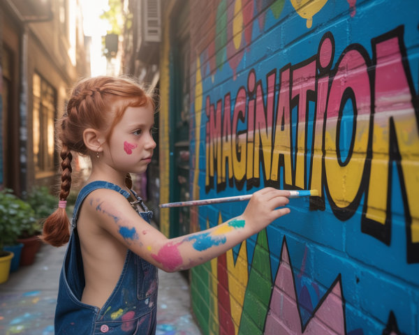 Young Girl Painting "IMAGINATION" in Colorful Alley
