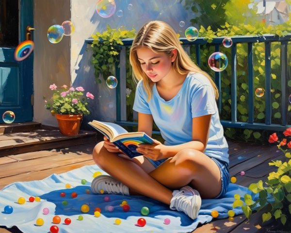 Young Girl Reading on a Sunny Porch with Candies