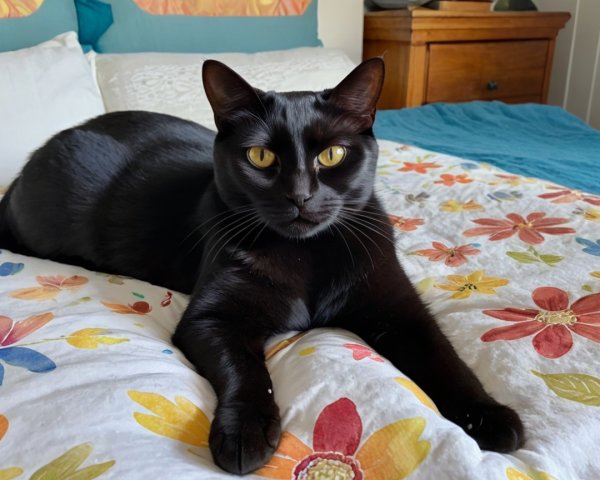 Black Cat on Floral Bedspread in Cozy Room
