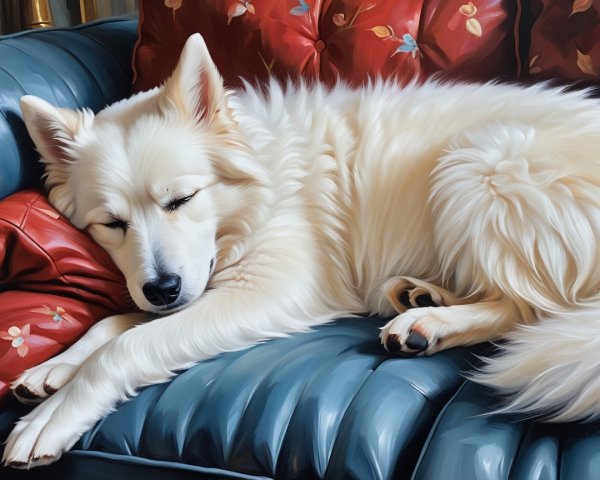 Fluffy White Dog Sleeping on Blue Couch with Cushions