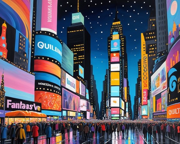 Oil Painting of a Neon-Lit Times Square Night Scene