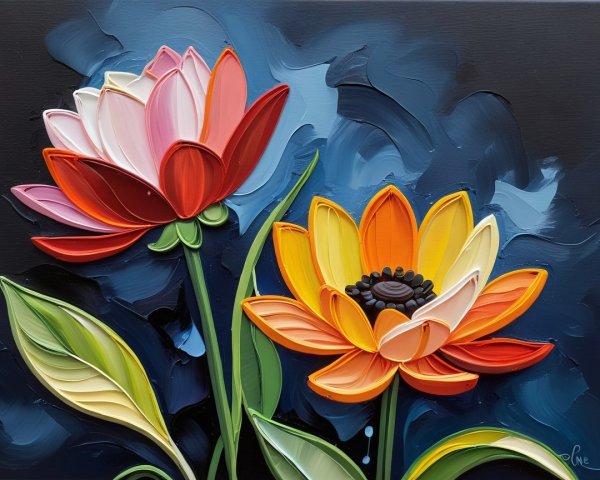 Vibrant Painting of Two Flowers with Dark Background