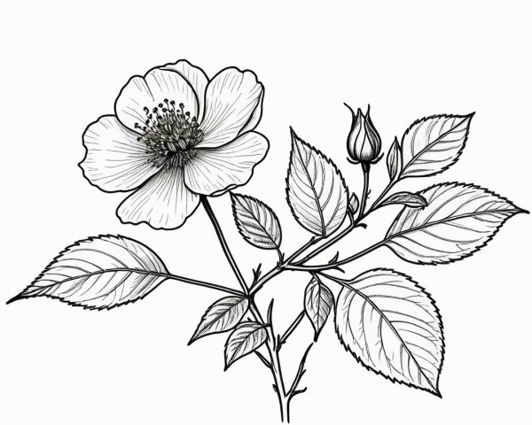 Detailed Black-and-White Line Drawing of a Flower Plant