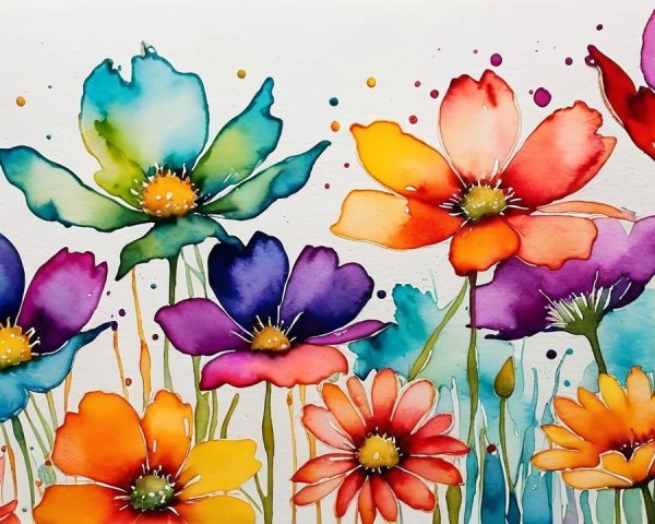 Vibrant Watercolor Painting of Colorful Flowers