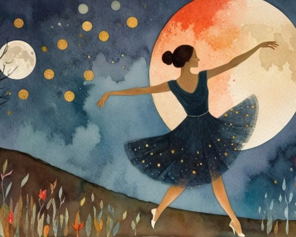 Ballerina Dances Under a Glowing Moon and Stars